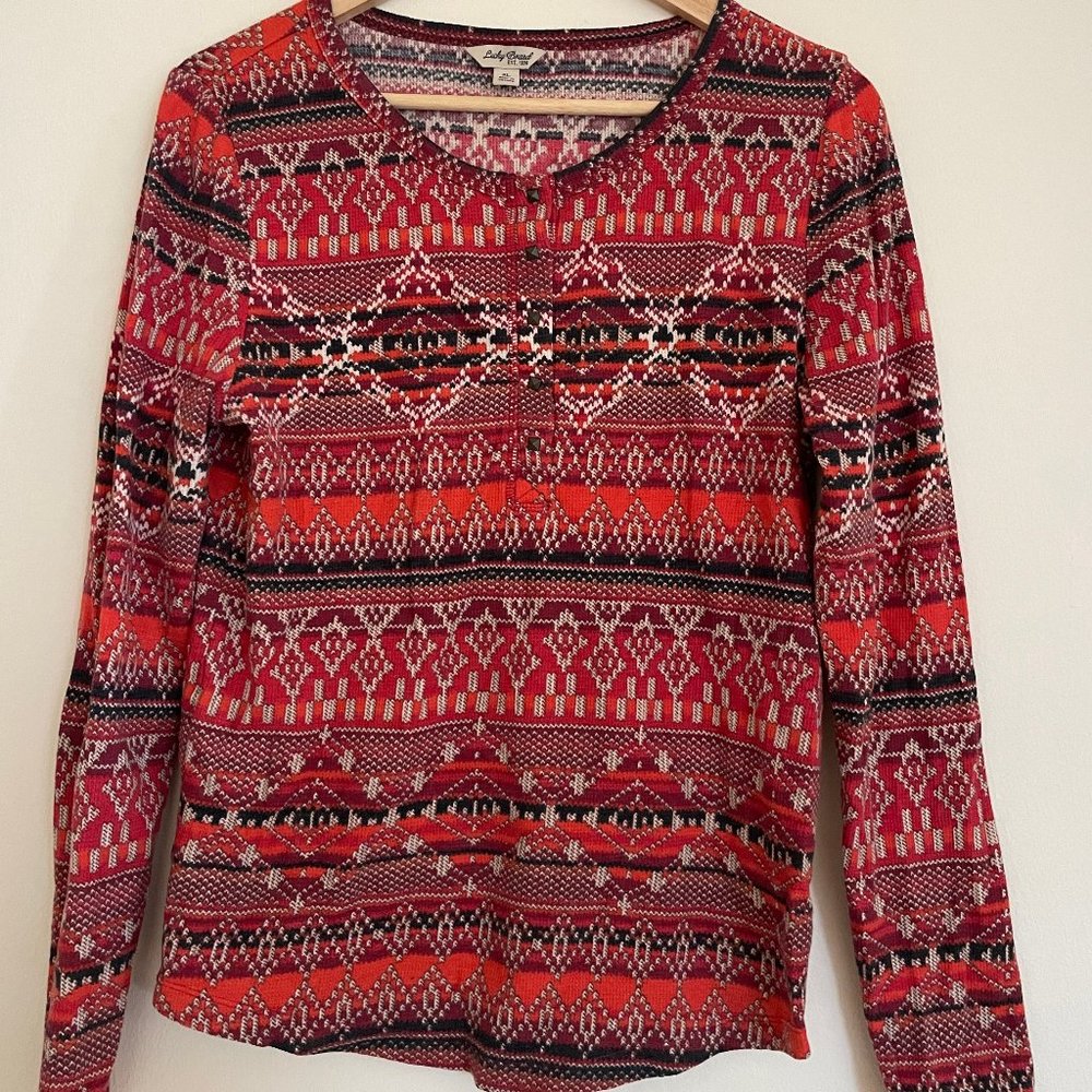 Lucky Brand Red Orange Print Henley Long Sleeve Top